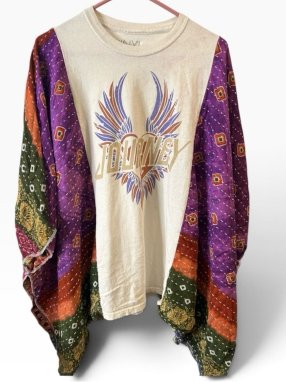 One-of-a-Kind Upcycled Journey Band Tee Boho Kantha Patchwork Poncho Top